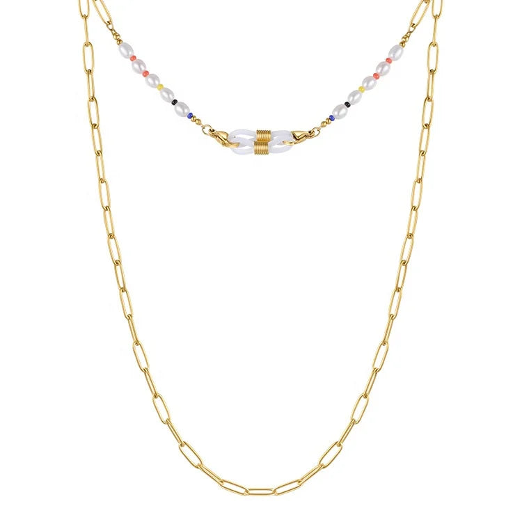 18K Gold Plated Stainless Steel Jewelry Natural Pearl Oval Chain FaceMask Necklace Glasses Accessories Necklace P213219