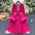 Boutique Wholesale 2025 Spring New Fashionable French Round Neck Hairy Long Sleeve Waist Pleated Women's Dress
