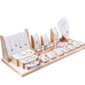 Wholesale Modern Adjustable Rectangle Jewelry Set Display Solid Wood White PU Leather Exhibition Stand Necklace Bracelet Earring