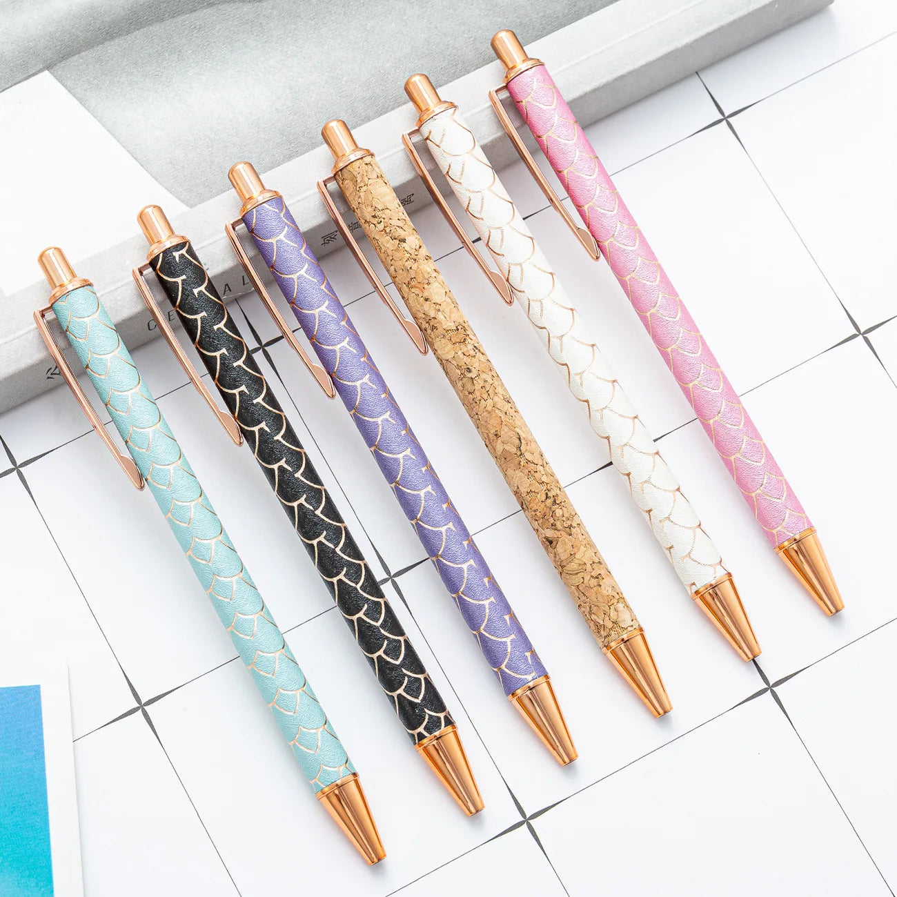 Glitter Coated Sparkly PLUNGER Colorful Leopard Crystal Mermaid Bling Scale Design Faux Leather Fabric Metal Click Ball Pen