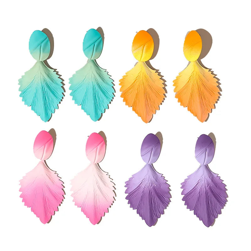 2023 New Arrivals Summer Tropical Leaf Shape Earrings Bright Gradient Color Metal Leaf Drop Earrings