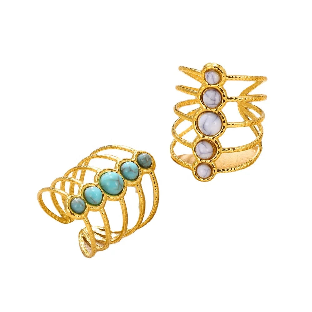 New Design Turquoise Howlite Inlaid Multi Layered Ring Personalized Open Adjustable Finger Stainless Steel Ring