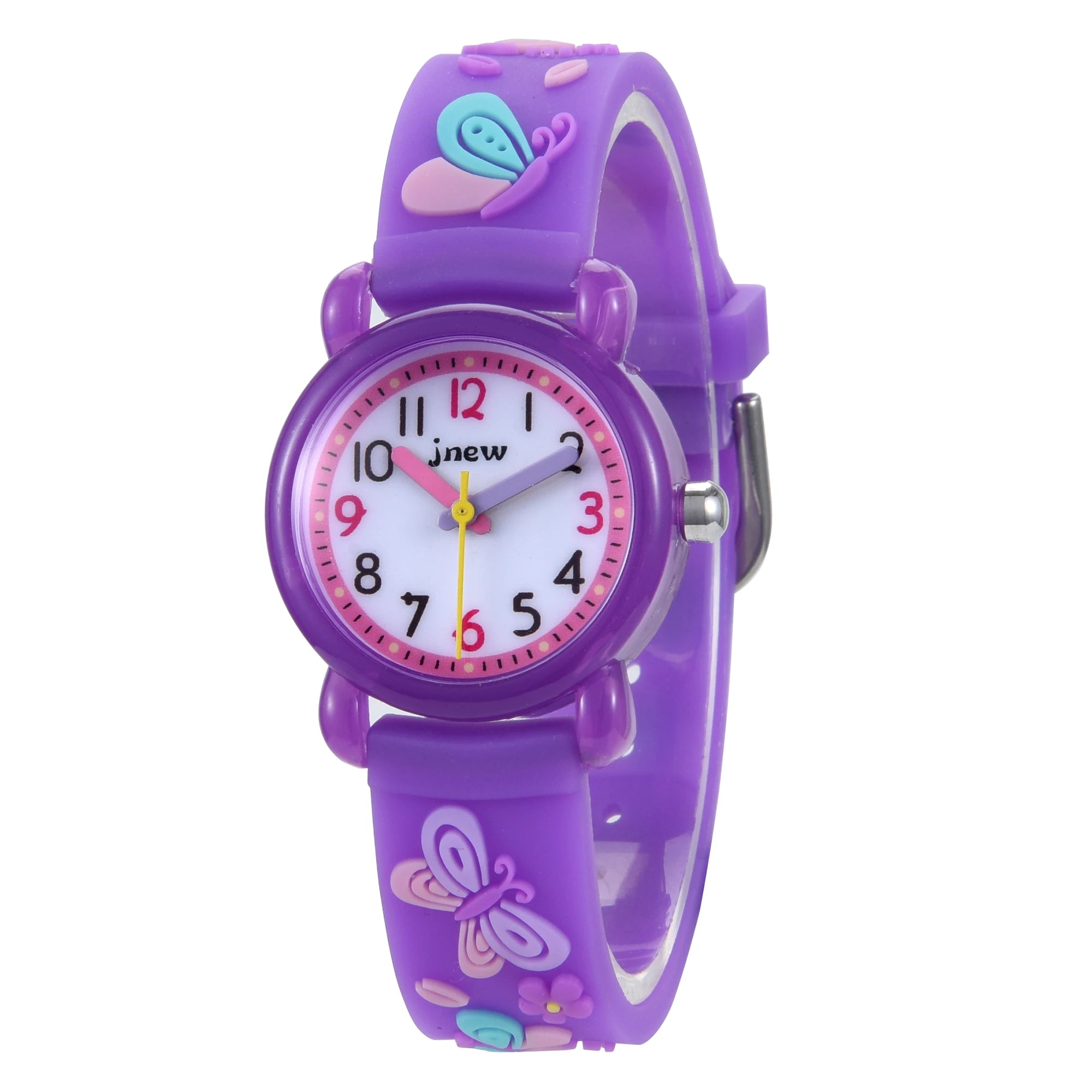 JNEW Ultra-Thin Quartz Watch for Girls Waterproof Cartoon Butterfly Design Glass Fashionable Kids Analog