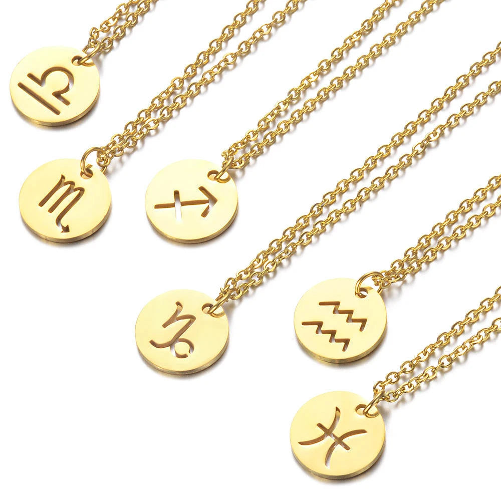 EManco Zodiac Pendant Necklace Women Aries Scorpio Horoscope Charm Necklace Hollow Round Charms Necklace Wholesale