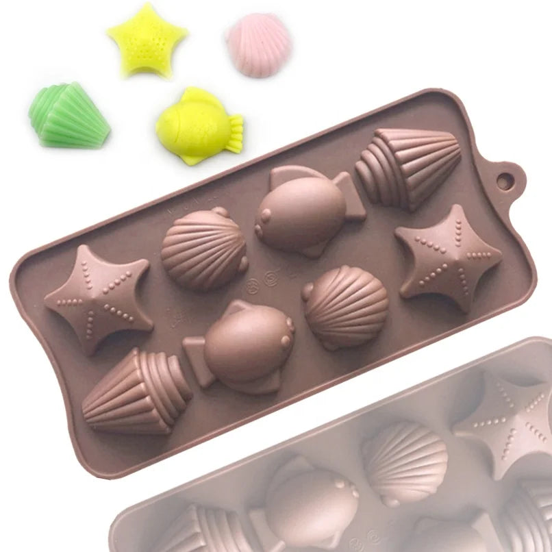 371 8 Hole 3D Cute Sea Fish Shell Mold Fondant Chocolate Candy Molds Cupcake Baking Silicone Mould DIY Cake Decorating Tools