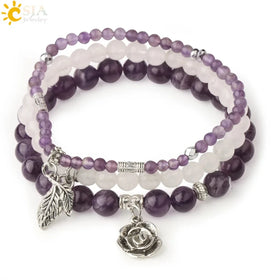 CSJA 4 6 8mm Bracelets Rose Flower Charm Natural Healing Crystal Gem Stone Beads Bracelet Set for Women Fashion Jewelry G501