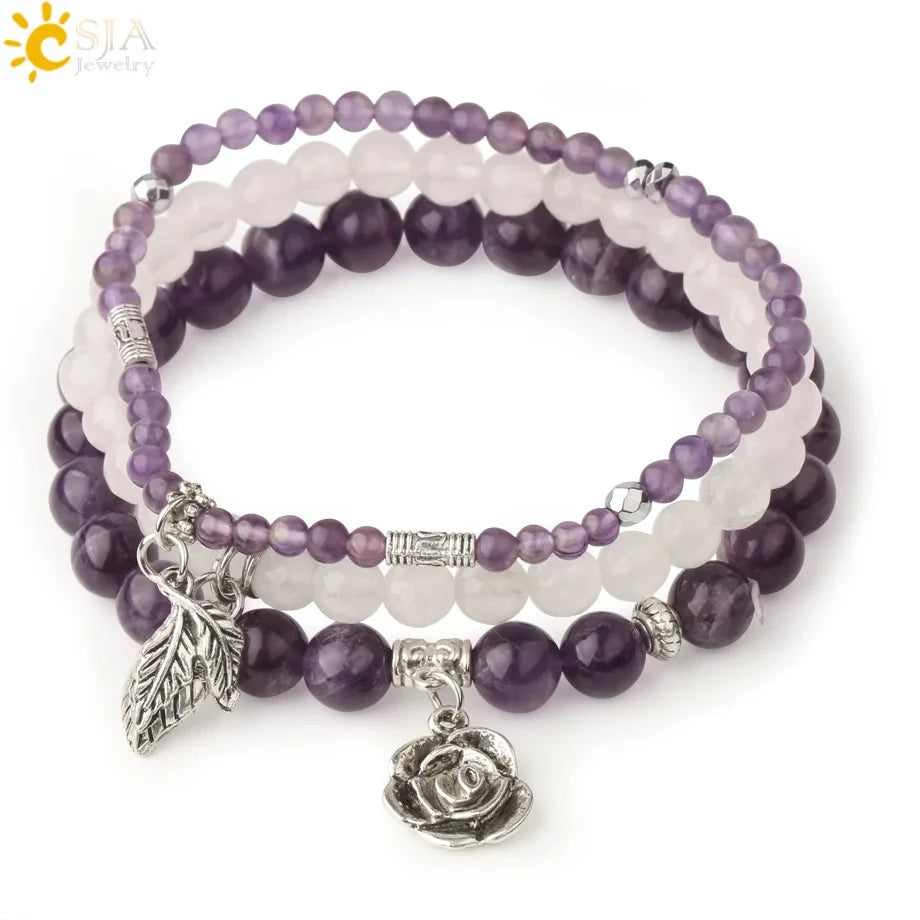 CSJA 4 6 8mm Bracelets Rose Flower Charm Natural Healing Crystal Gem Stone Beads Bracelet Set for Women Fashion Jewelry G501