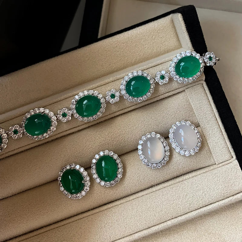 2024 New Silver AAAAA Zircon Oval Natural Green White Chalcedony Gems Earrings Female Jewelry Factory Wholesale