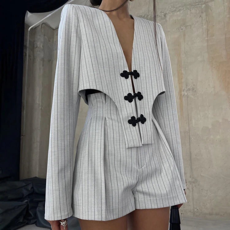 Neo Chinese Style Cut-Out Buttoned Blazer Matching Outfit Suit Summer Fashion Women's Clothing Two Piece Co Ord Women Shorts Set