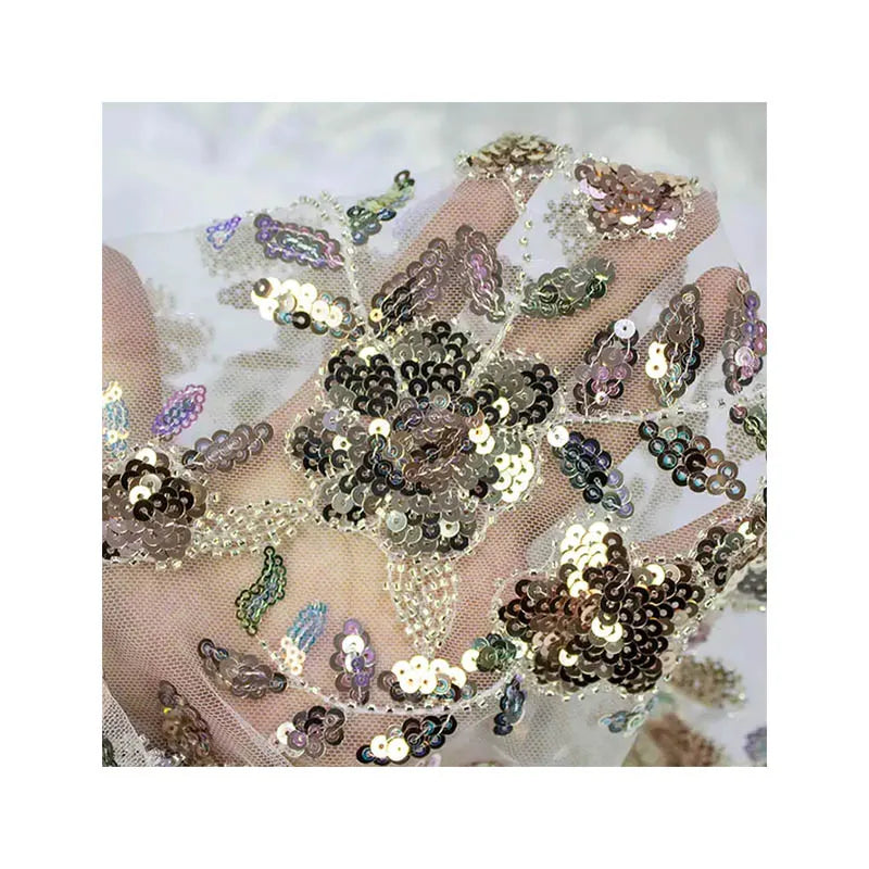Factory Wholesale Bead Embroidery Fabrics Customized Design Sequin Fabrics for Dress Wedding Cloths