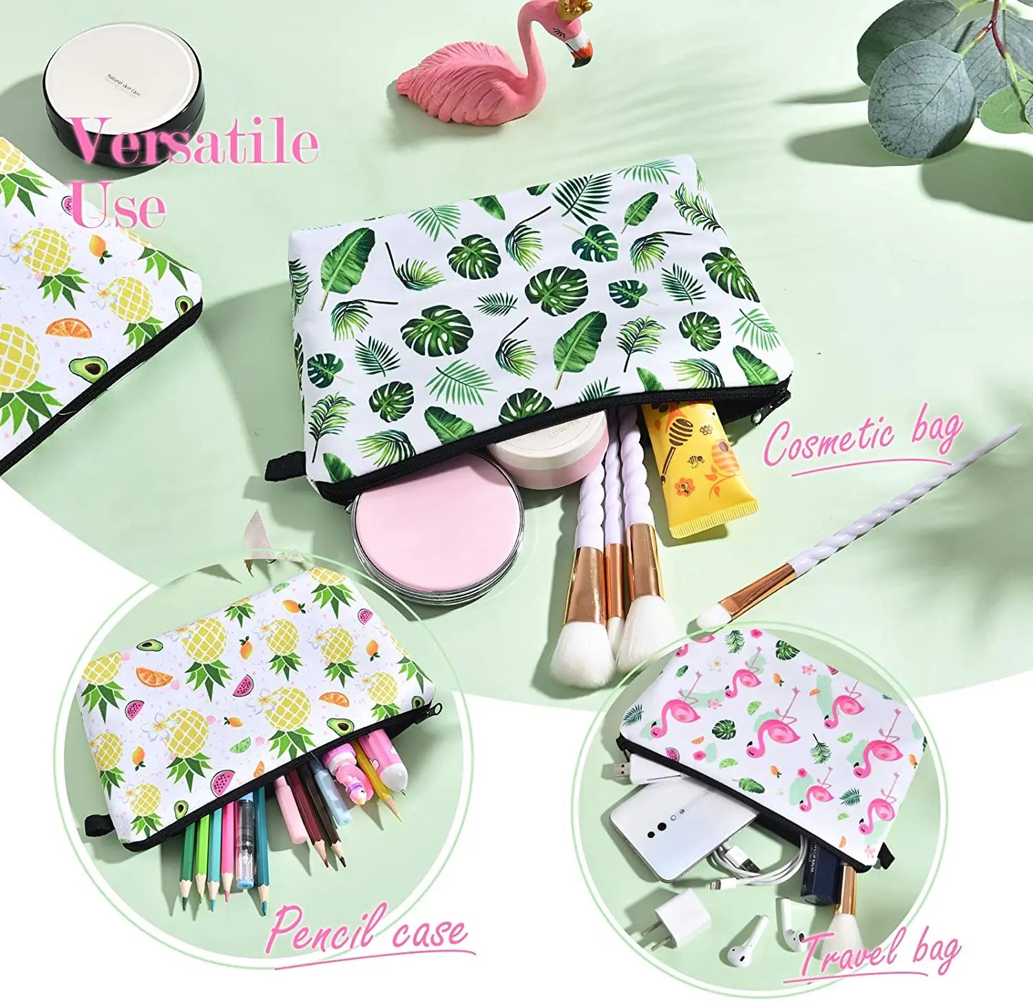 Women's Water-Resistant Palm Leaves Cosmetic Bag Makeup Organizer for Beauty Vanity Toiletry Pouch Girls' Essential Travel