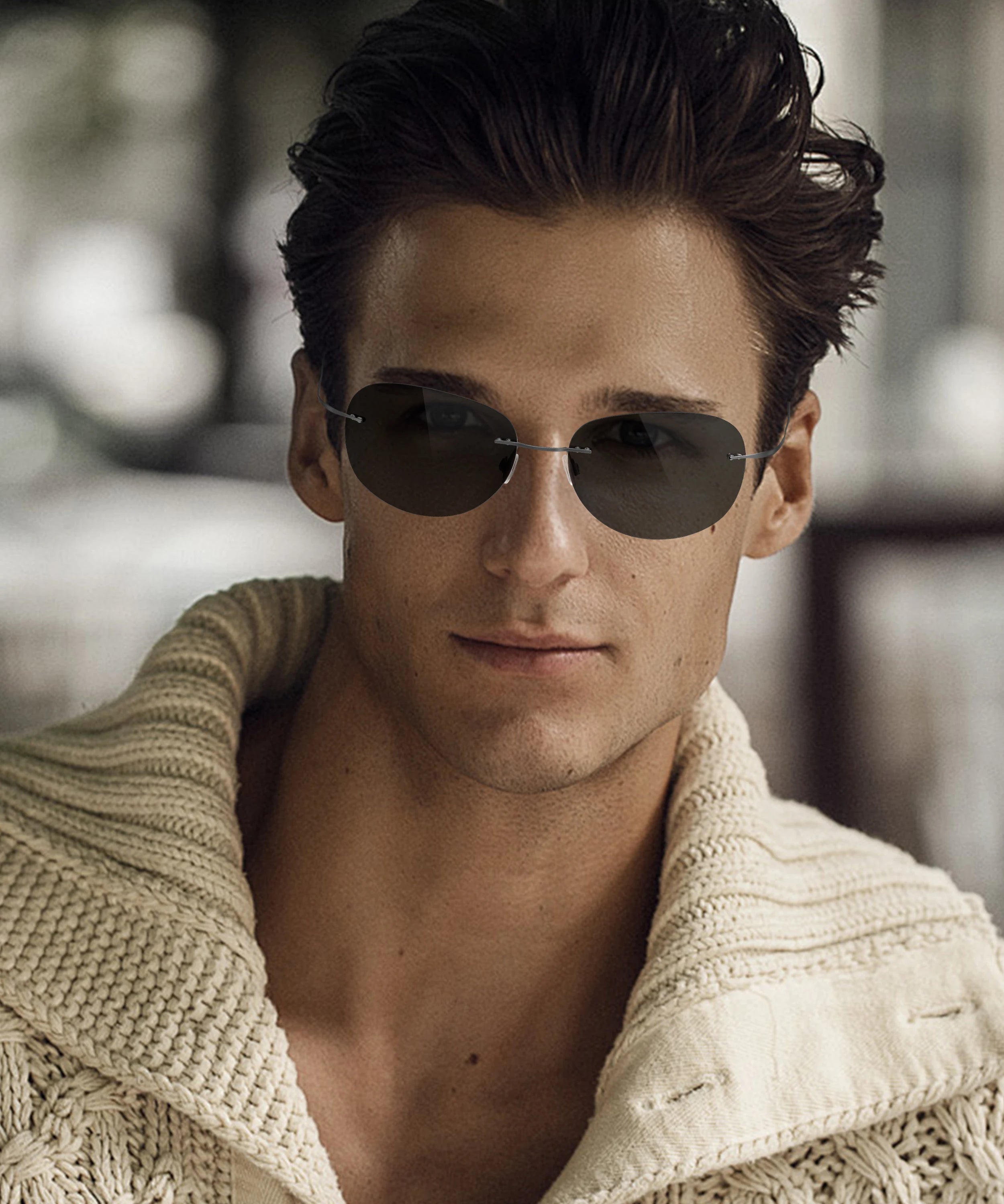 Lightweight Titanium Rimless Sunglasses Comfortable with Polarized Gold Frame and Square Lens Latest Fashionable Design