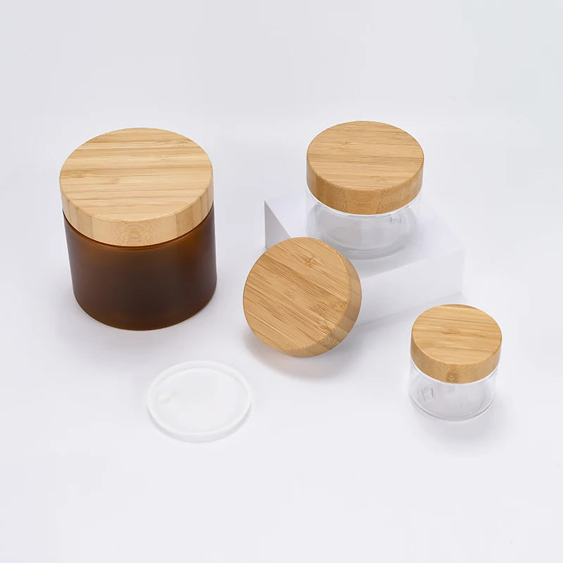 Ready to Ship Frosted Pet Cosmetic Jars 50ml  8oz 150ml 500ml with Bamboo Cap Frosted Jars with Bamboo Lid