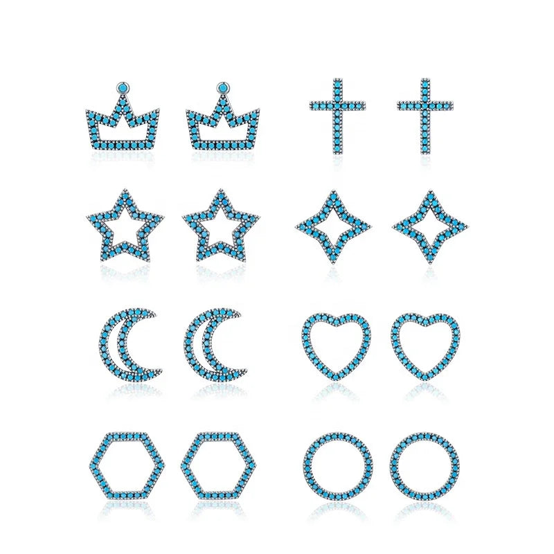 Minimalist Jewelry 925 Sterling Silver Mini Star Moon Heart Turquoise Stud Earrings