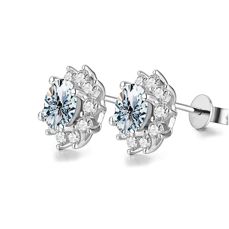 Wholesale 925 Sterling Silver Luxury Sun Flower Cluster Diamond Moissanite Stud Earring 0.5ct Women Fine Jewelry for Wedding