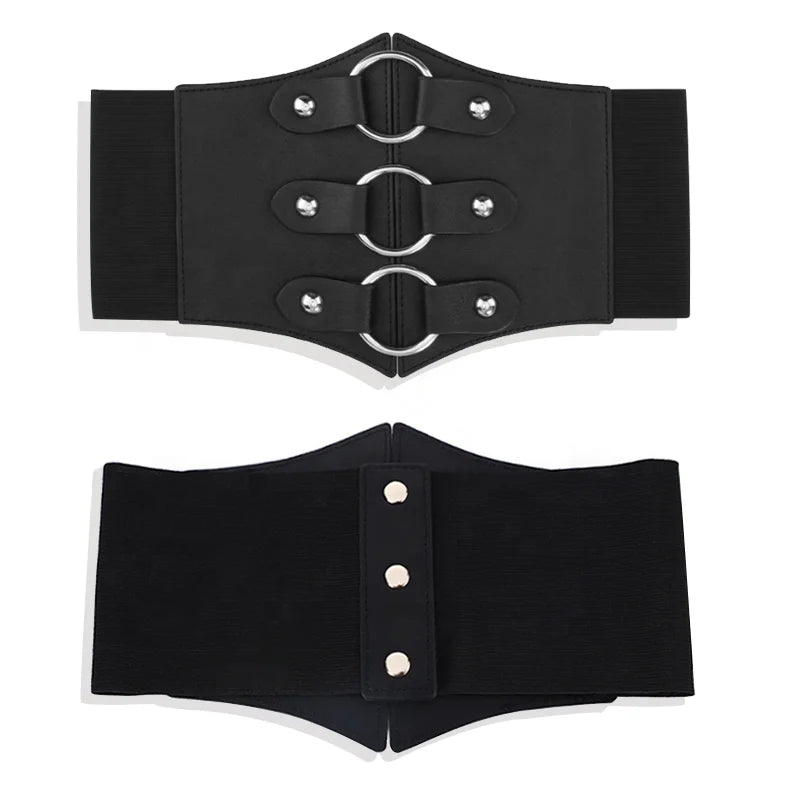 Hot New Arrival Fashionable Super Wide Stretchy Waist Cincher Accessory Women's Faux Leather Corset Belt With Iron Ring Buckle