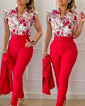 2023New Fashion Printed Lotus Leaf Sleeveless V-neck Blouse Top Solid Color Pants Set With Belt