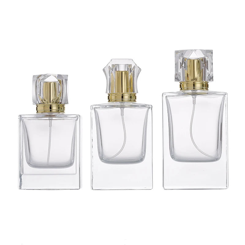BYPE Luxury Women's Perfume 50ml Square Glass Bottle with Pump Sprayer Screen Printing Gold Cap Wholesale Flat Acrylic Lid Empty