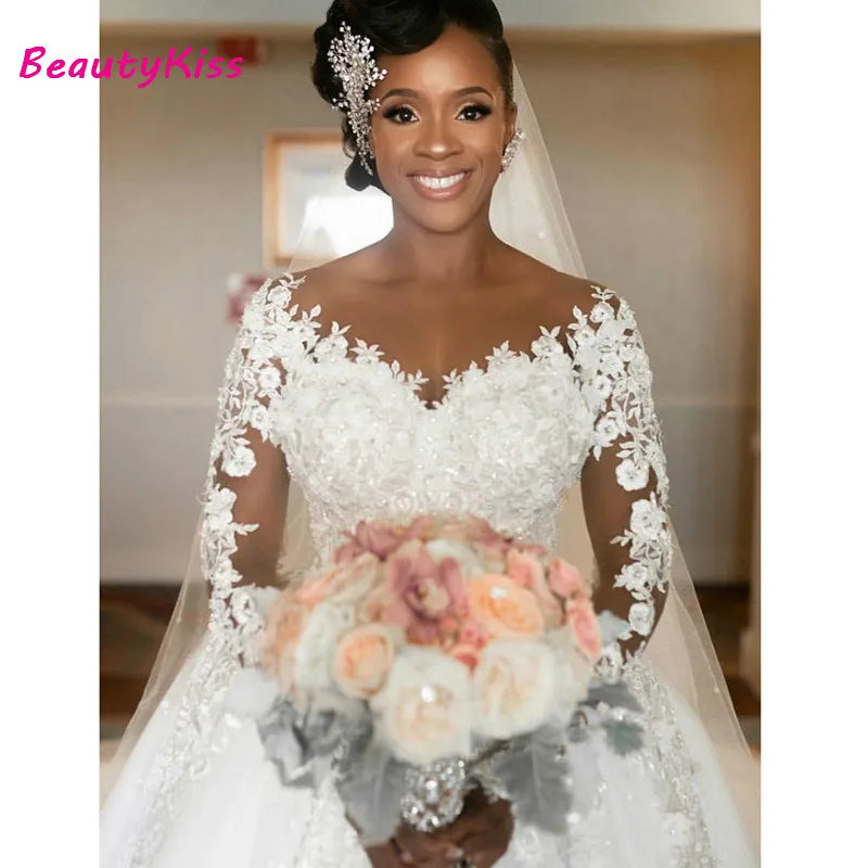 AL1308 Elegant White Bridal Ball Gown Wedding Dress 2025 Wholesale ROBE DE MARIAJE Crystal Ruffle Lace Vestidos De Noiva