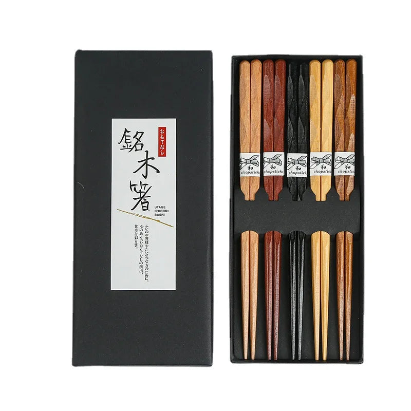 Japanese Natural Wood Chopstick Set Reusable Classic Style Chopsticks Non-slip Design Chop Sticks 5 Pairs Gift Set