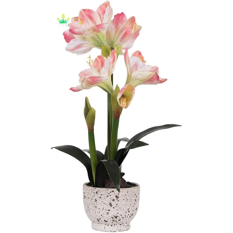 Artificial Pink Amaryllis Round Ceramic Pot Premium Durable Plastic and Ceramic Arrangement for Home or Office Table Decor