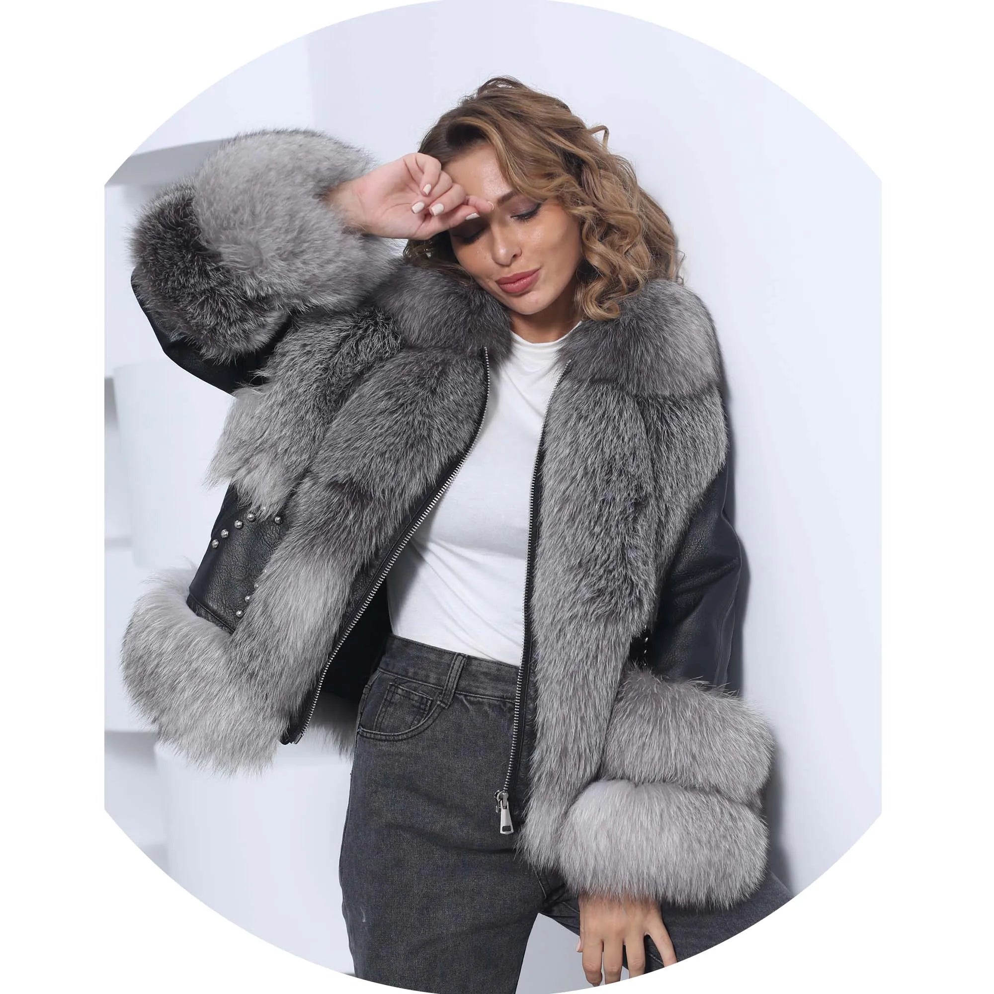 Windproof Jacket Fashion Luxury Leather Bomber Jacket With Fur
