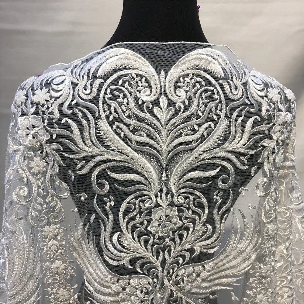White 3D French Lace Fabric Sequins Embroidery Wedding Lace Heavy Beaded Rhinestone Tulle Fabric for Bridal Dress