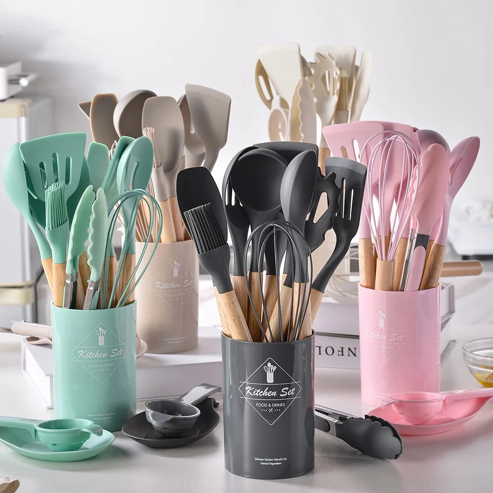 12-Piece Non-Stick Silicone Kitchenware Set with Wooden Handle Cross-Border Cooking Tool Spatula Utensils for Home Kitchen Use