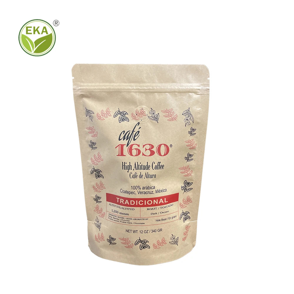 Minlee Biodegradable 15G Coffee Empty Bags With Air Valve Customizable Food Bottom Seal Stand up Kraft Paper Bag