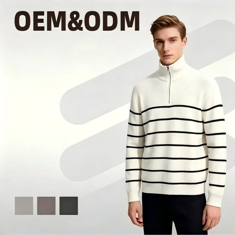 ODM Supply High-End Shoulder-Drop Needle Half-Stand Collar Contrast Color Winter Men's Long-Sleeved Striped Sweater