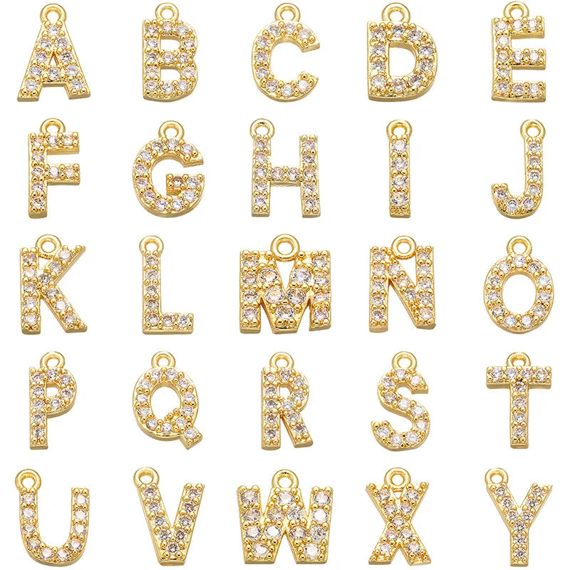 Initial A-Z 26 Alphabet Letter Bead Buckle Brass Charm Copper CZ Micro Pave Diamond Pendant Set DIY Necklace Jewelry Accessories