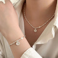 925 Sterling Silver Bamboo Joint Pearl Round Beaded Chain Disc Pendant Necklace/Bracelet Set for Woman