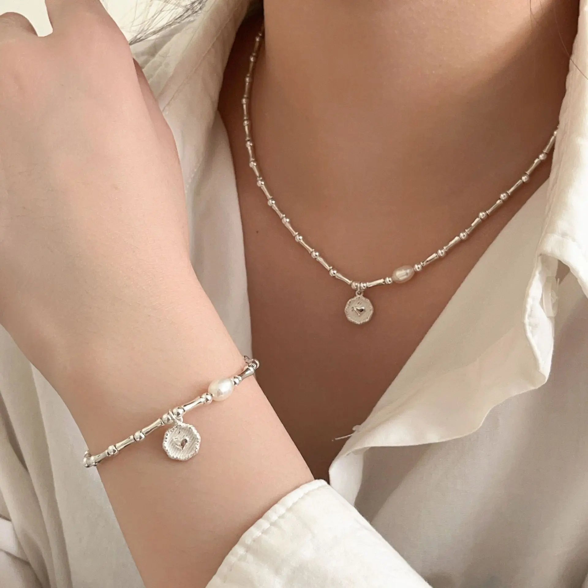 925 Sterling Silver Bamboo Joint Pearl Round Beaded Chain Disc Pendant Necklace/Bracelet Set for Woman