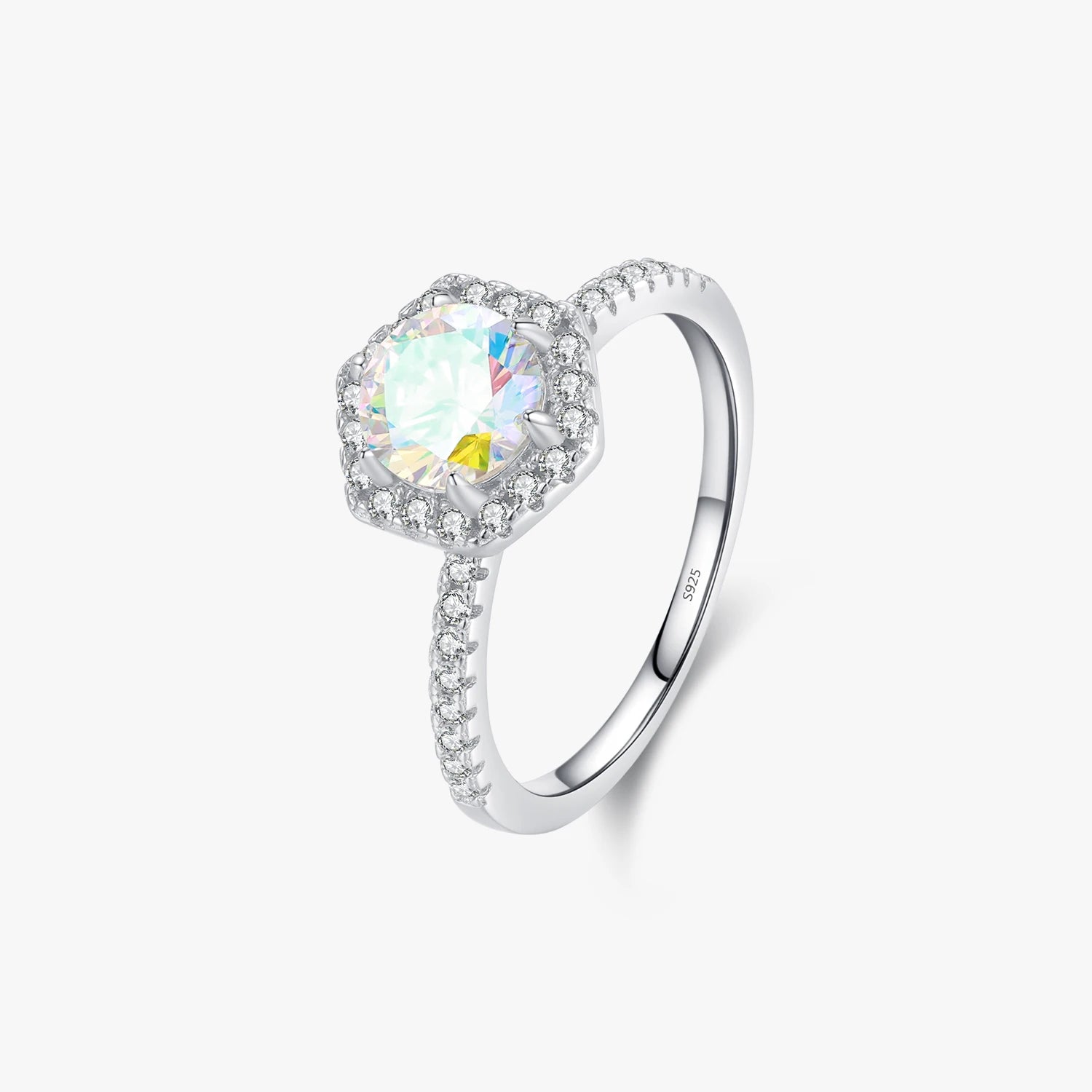 Fashion Platinum Plated Hexagon Elegant Wedding Engagement Jewelry 925 Sterling Silver Colorful Round CZ Ring for Women