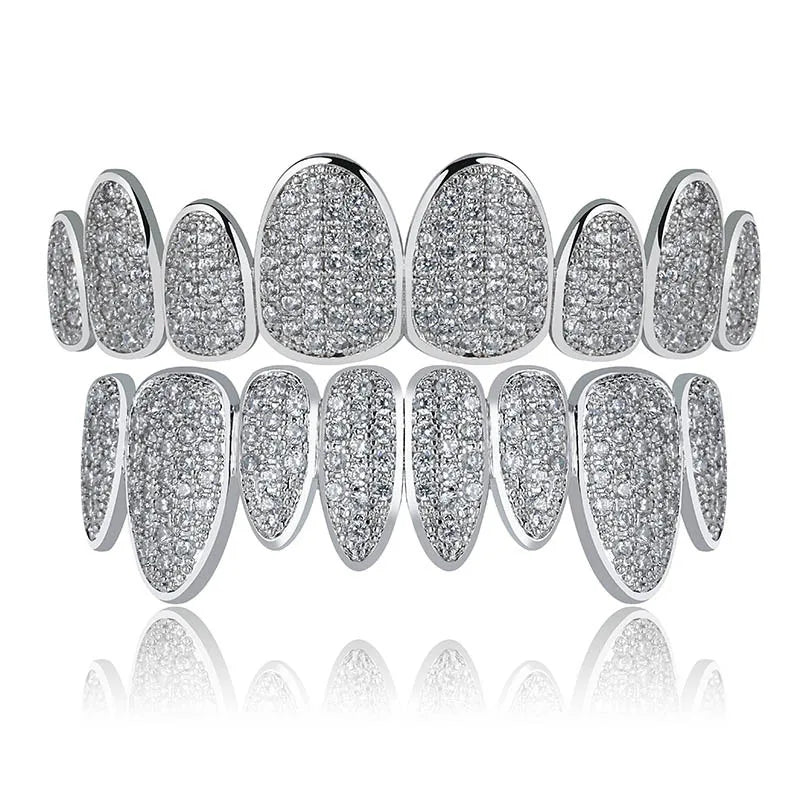Hip Hop Iced Out Gold/Platinum Plated Zircon Grillz with Irregular 8 Teeth Vampire Style for Men