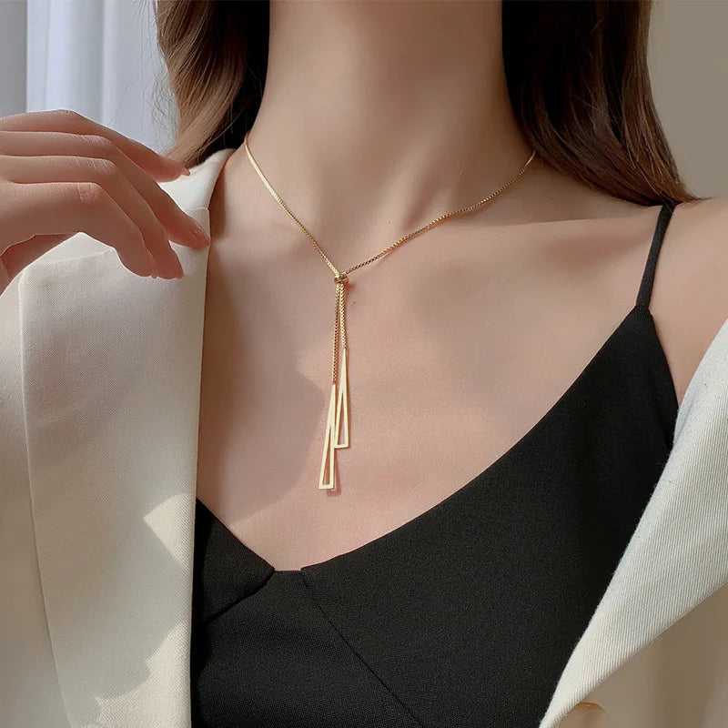 Light Luxury High-end Pull-type Triangle Tassel Necklace Ladies Fashion Charm Titanium Steel Clavicle Chain Boudoir Party Gift