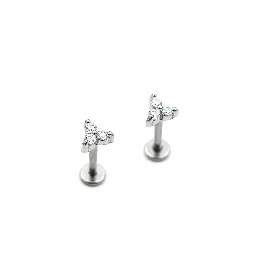 Popular Three-Petal Flower Zirconium Stone Lip Stud 316 Stainless Steel Body Piercing Jewelry CC Pattern Charm Earrings