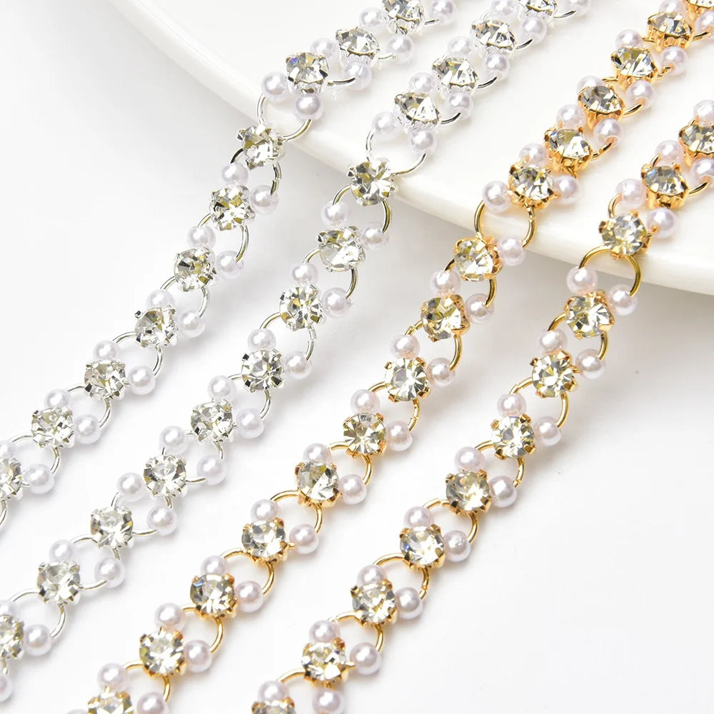 Round Circle Pearl Rhinestone Flower Chain Clothing Shoes Bags Decoration Crystal Trimming Diy Hair Wedding Accessories