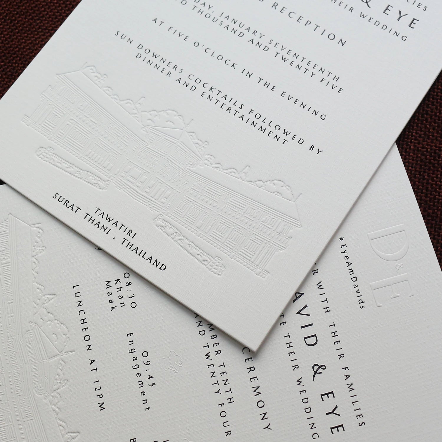 Custom Classy Debossed Venue Embossed Initials Names White Texured Paper Cards Wedding Invitations with Envelope