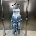 OUDINA Summer V-Neck Sleeveless Painted Gradient Multi Layered Pleated Long Dress Jean Denim Dresses Women