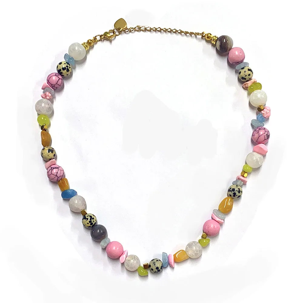 Summer Beach Jewelry Stainless Steel 18k Gold Plated Colored Natural Stone Handmade Beaded Necklace for Women Vacation Jewelry
