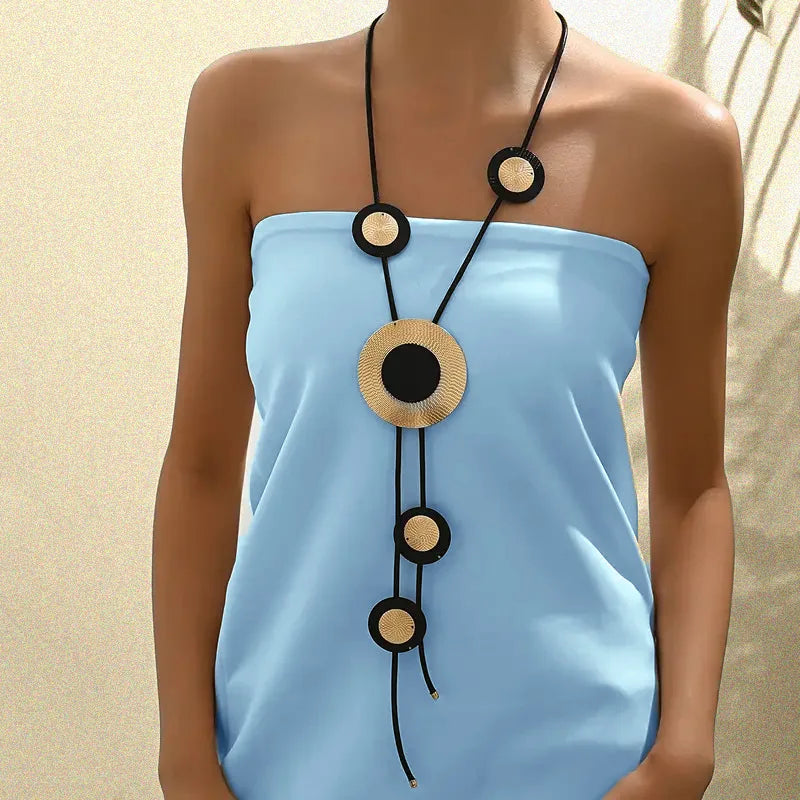 2025 New Arrival Fashion Jewelry  Metal Circular Sunflower extra Long Dangle Necklace Big Black Enamel  Necklaces
