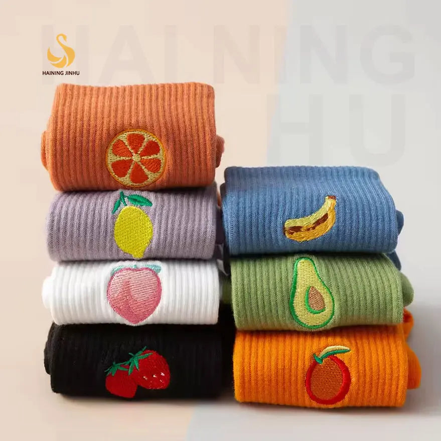 Custom Made 7 Colors Cotton Women Cute Cartoon Fruit Pattern Socks Set Custom Embroidered Socks
