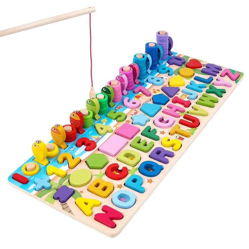 Six in One Wooden Multifunctional Fishing Logarithmic Board Toys Children Early Educational Alphabet Number Matching Wooden Toys