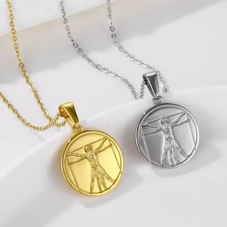 Vintage Stainless Steel Zwilling Vitruvian Necklace 18K Gold Plated Carved Round Coin Pendant Necklace for Men