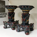 Classical Four-Corner Resin Candlesticks Pair Dark Red & Black with Gold Accents Intricate Floral Carved Base for Vintage Home