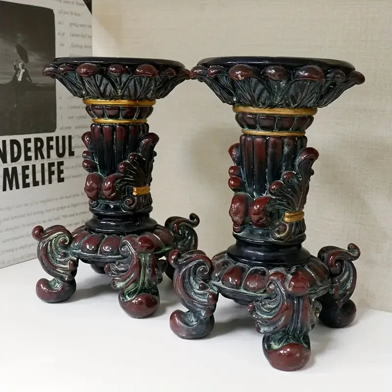 Classical Four-Corner Resin Candlesticks Pair Dark Red & Black with Gold Accents Intricate Floral Carved Base for Vintage Home