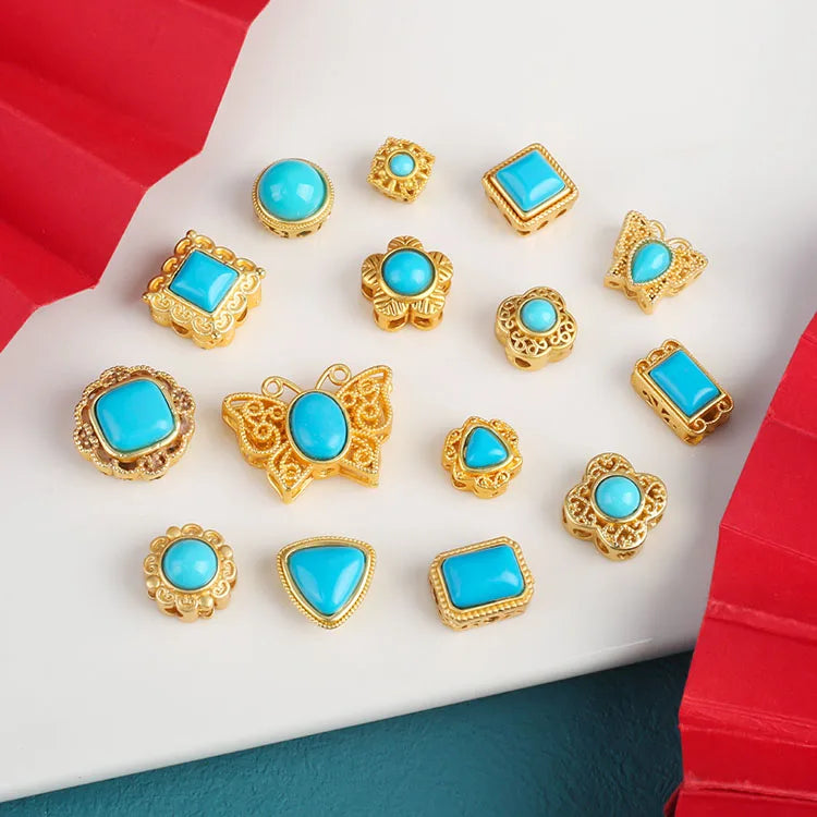 JS1712 Chic Matte Gold Plated Inlay Pave Turquoise Stone Gemstone Heart Flower Butterfly Square Round Coin Spacer Jewelry Beads