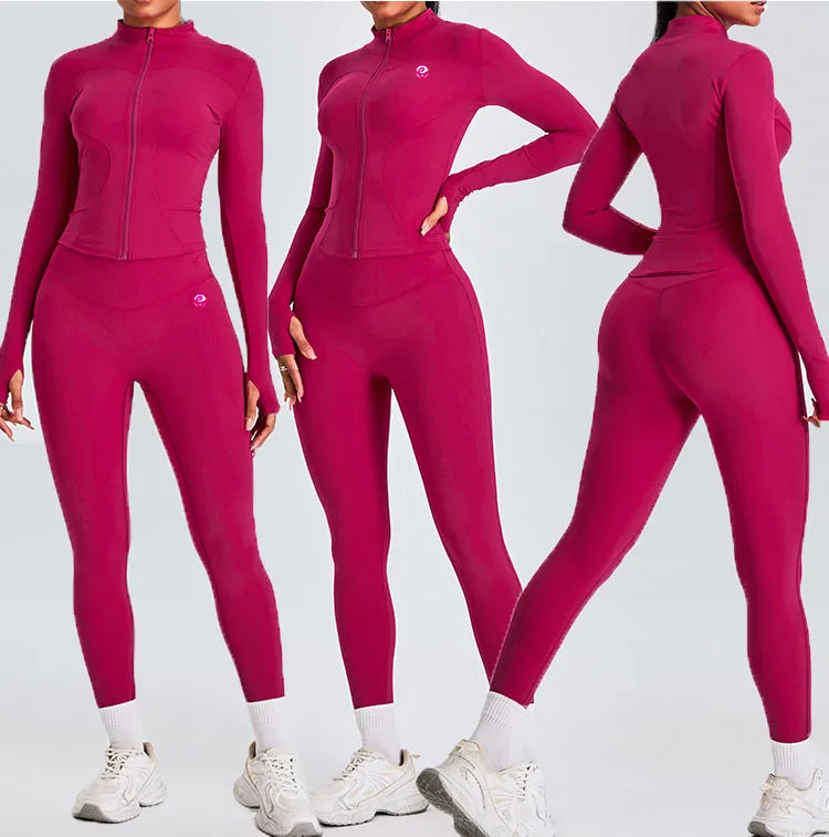 Custom Women Sportswear Gym Wear Yoga Outfit Set Fitness Jacket High Waist Sports Leggings 2 Pcs Woman Set Gym Fitness Set