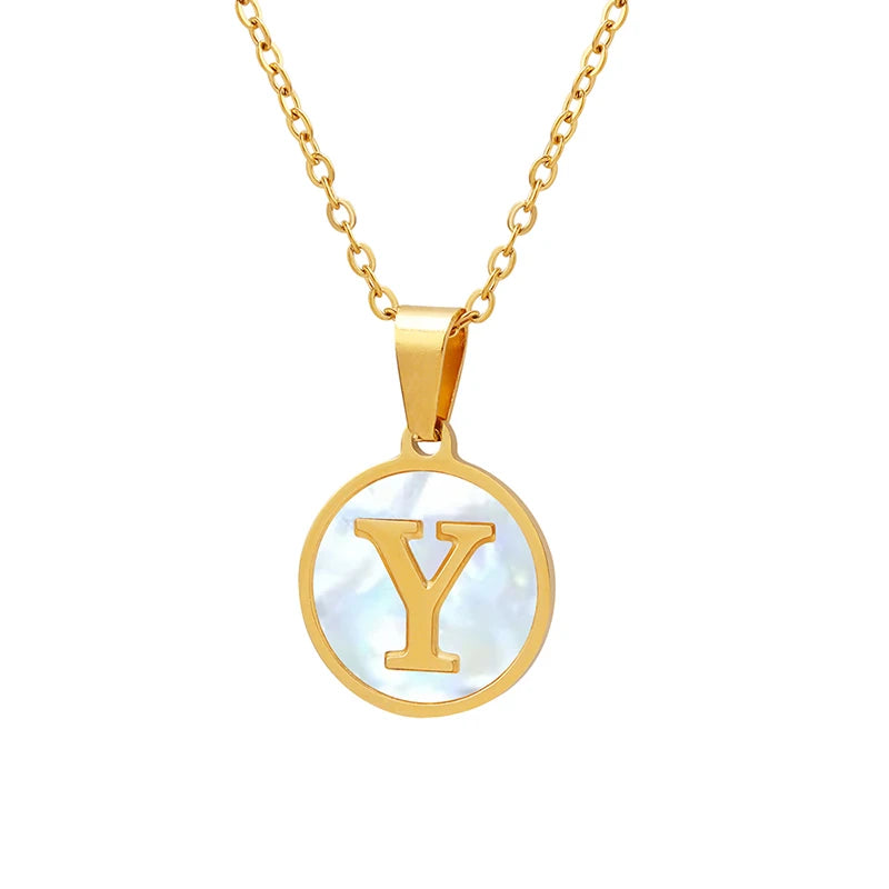 White Sea Shell round Card Necklace with Gold Plated Stainless Steel Pendant Colorfast Jewelry Charm for Anniversary Occasions